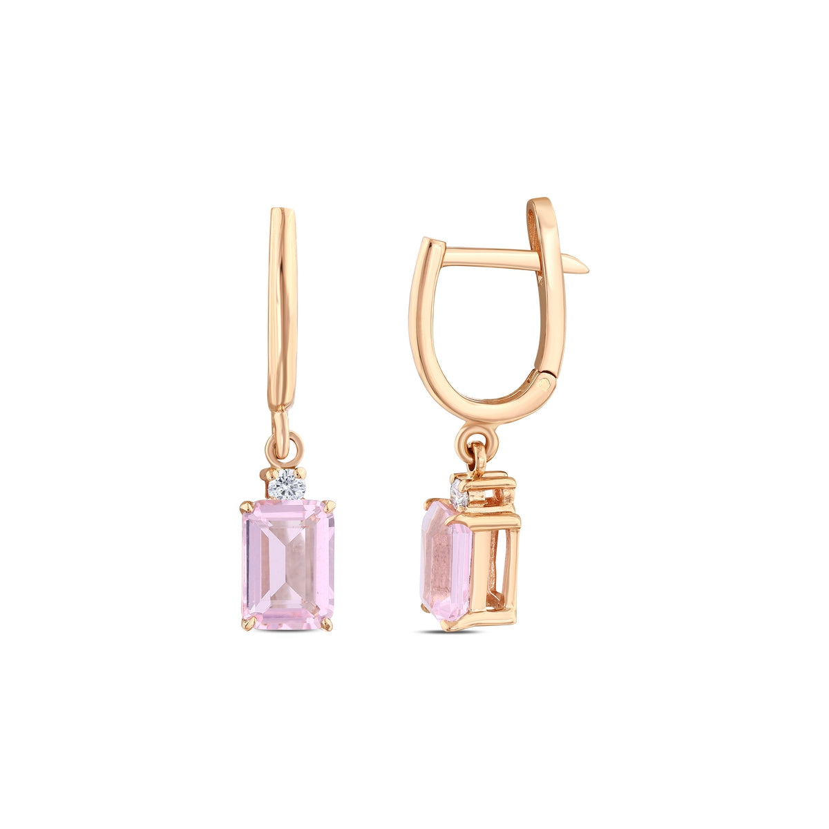 Pink Quartz Baget Küpe 2.40 Ct. 14K