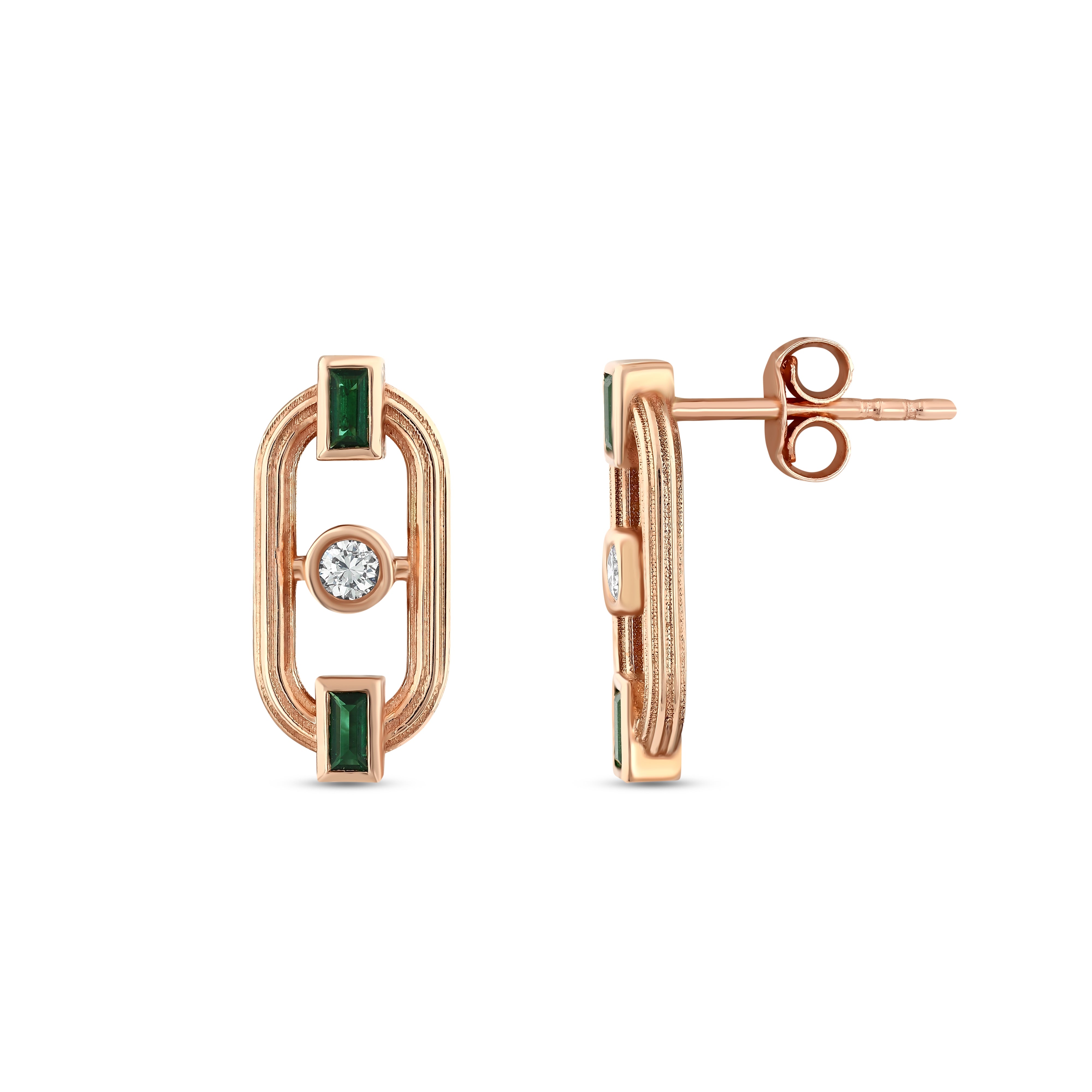 Baget Zümrüt Pırlantalı 0.10 Ct. Aurienne Rose Küpe 14K