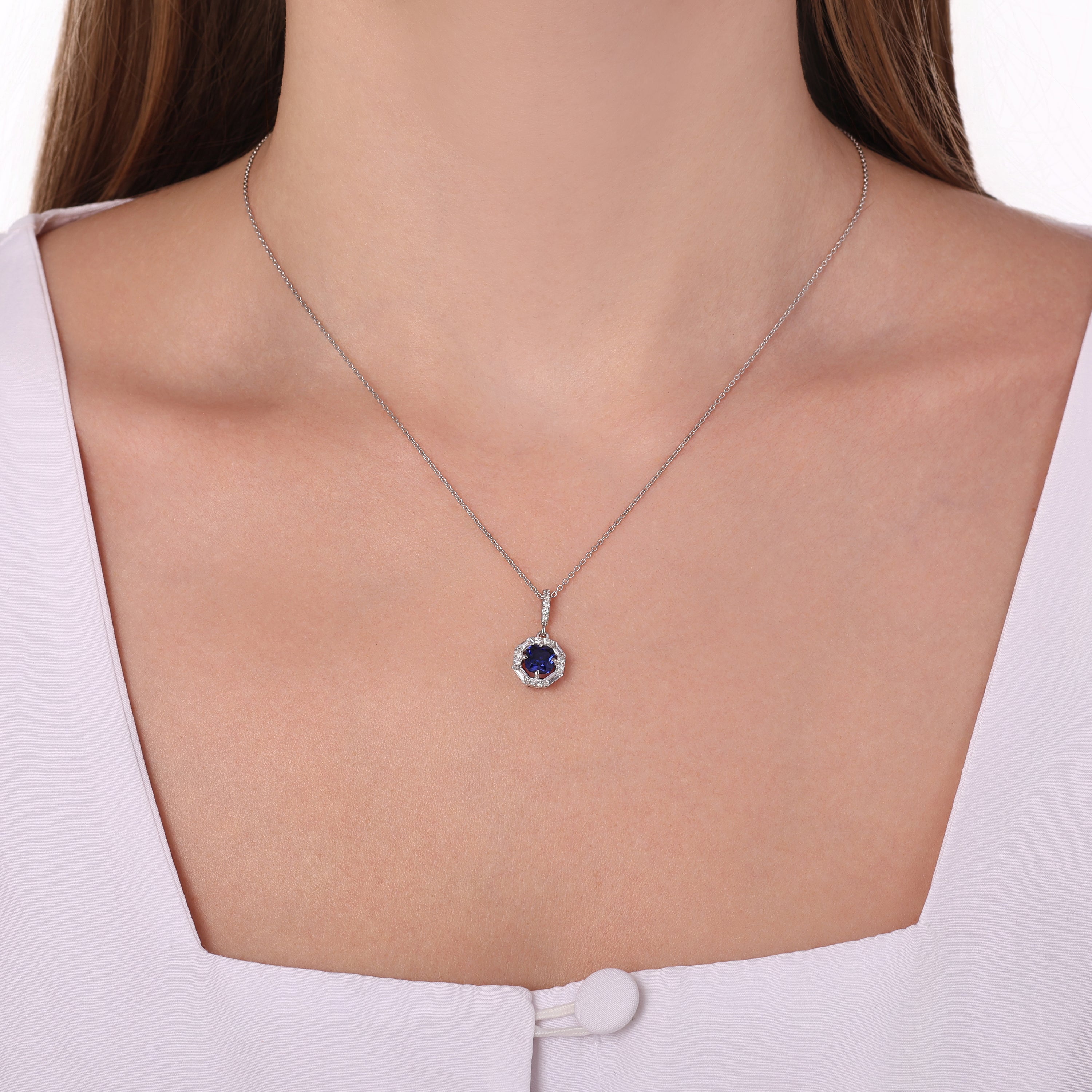 Pırlantalı Safir Oval 0,32 Ct. Altın Kolye 18K