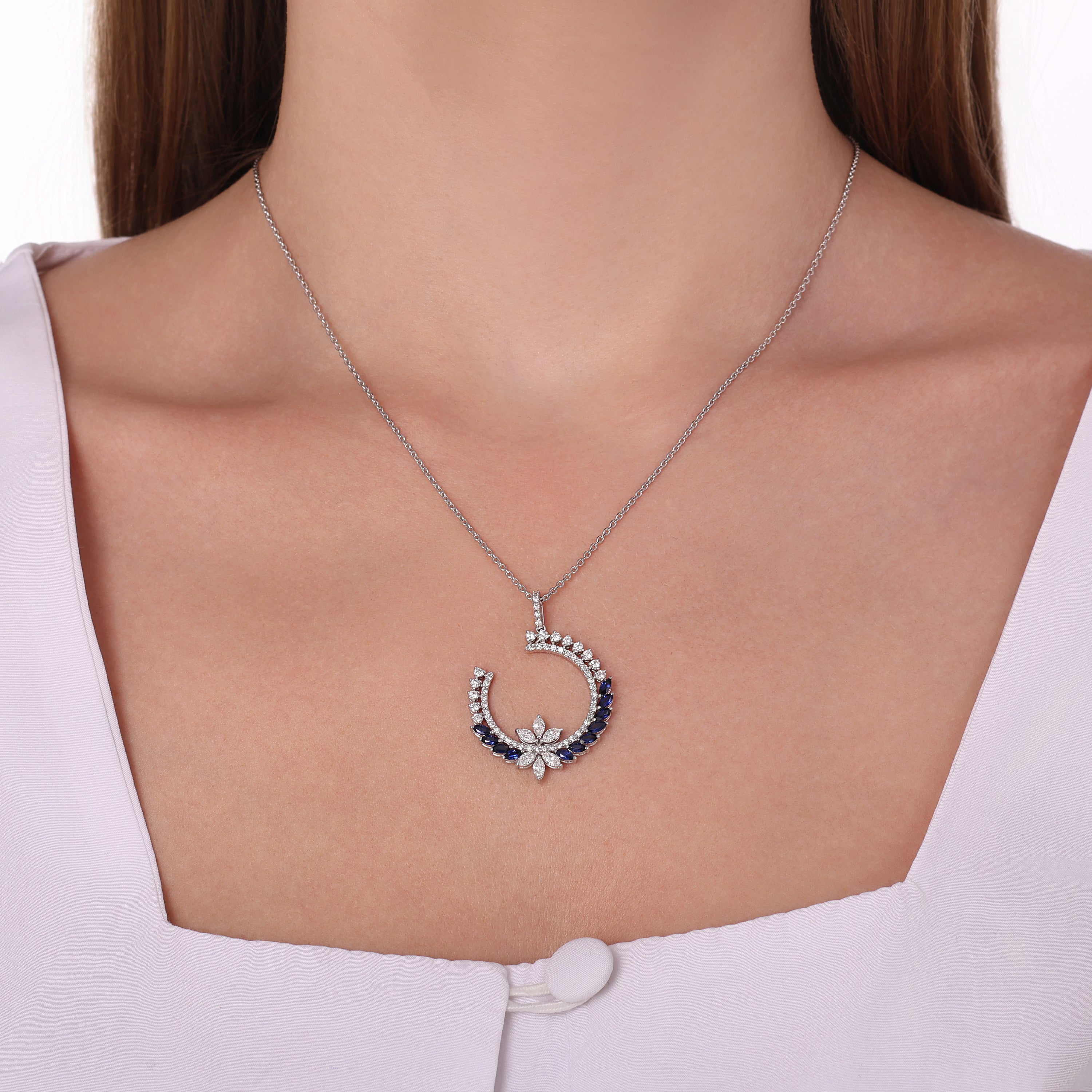Pırlantalı  Markiz Safir 1,23 Ct. Beyaz Altın Kolye 18K