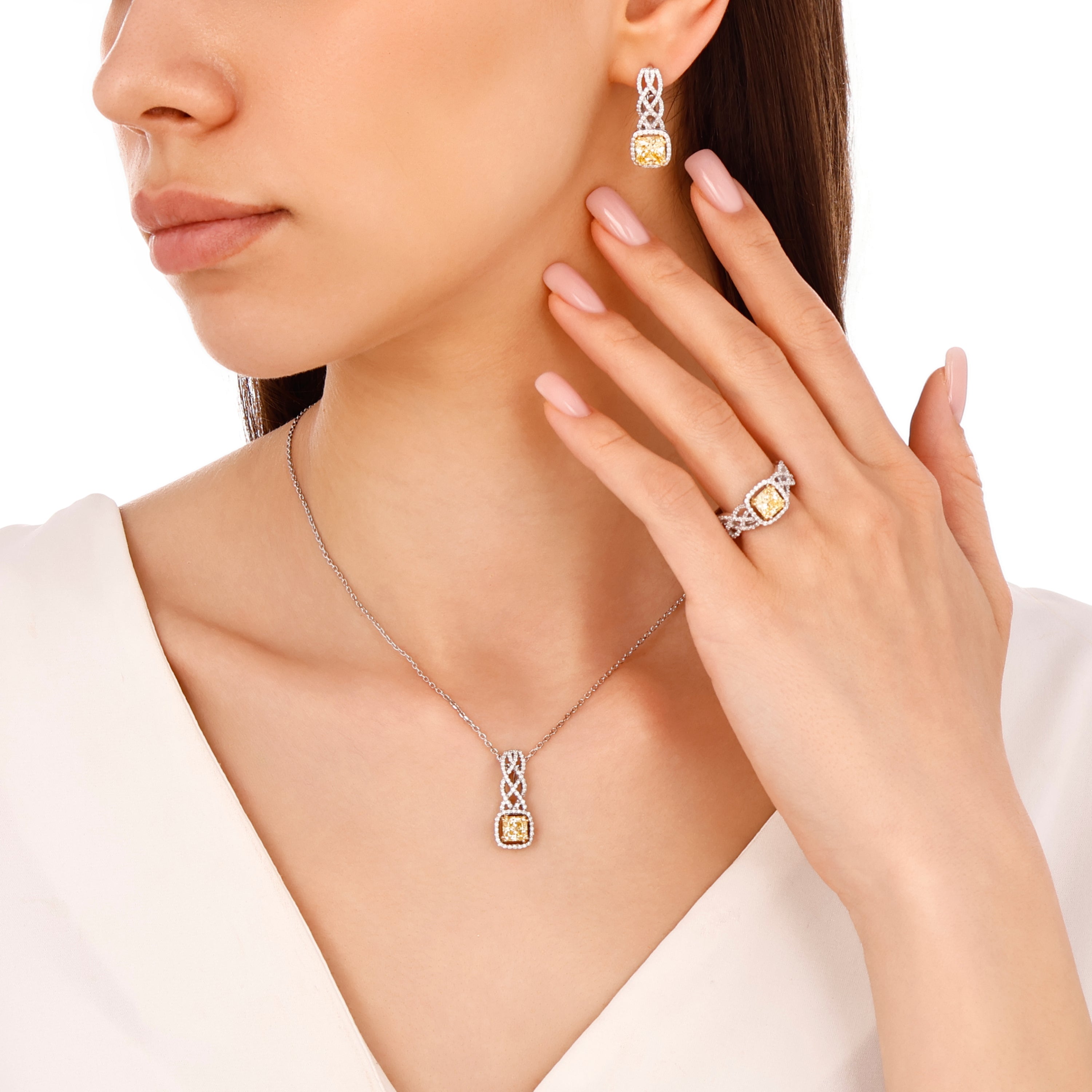 Citrine Pırlantalı 0.34 Ct. Prenses Kesim Aromia Kolye 18K