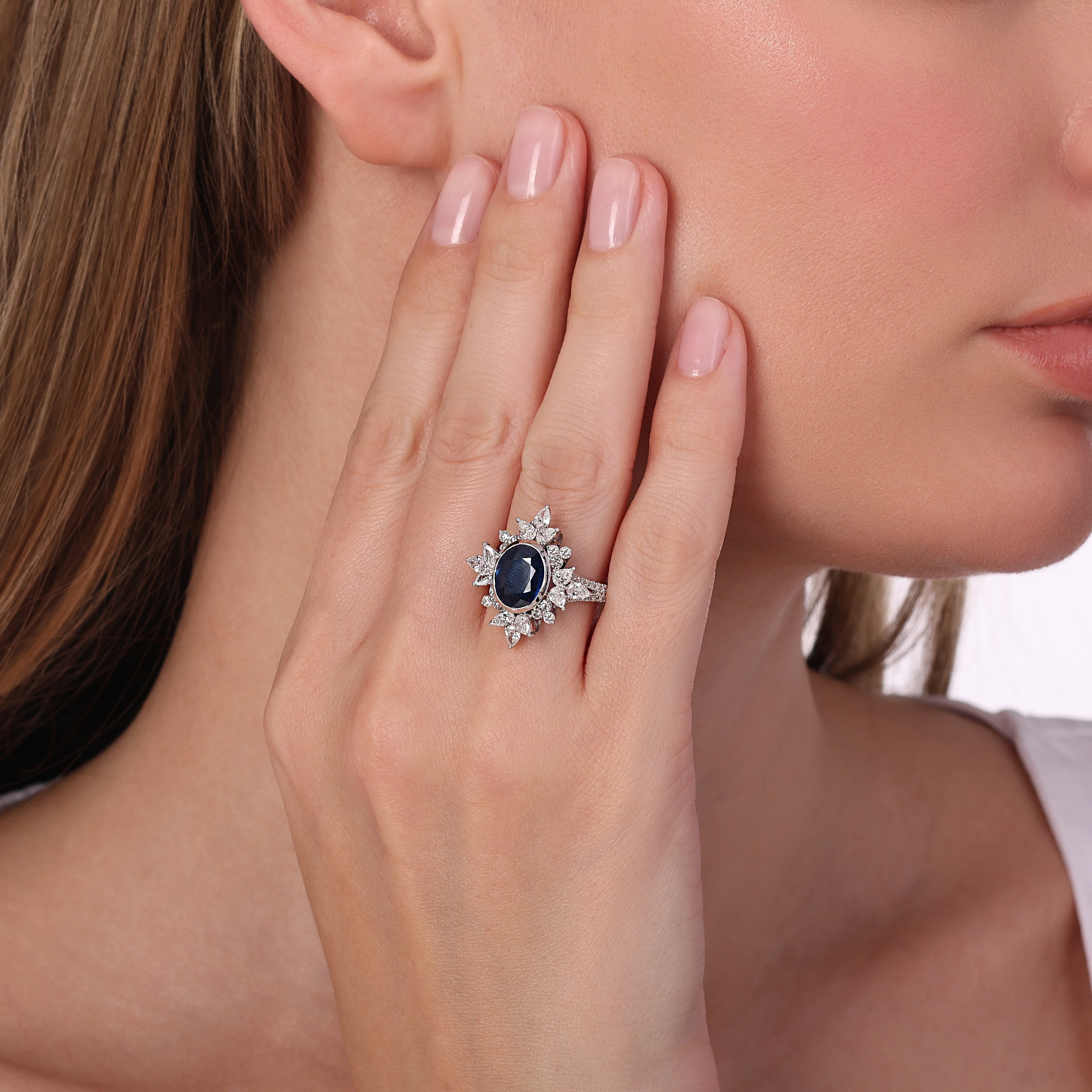 Damla Pırlantalı Safir 1,62 Ct. Fantezi Yüzük 18K