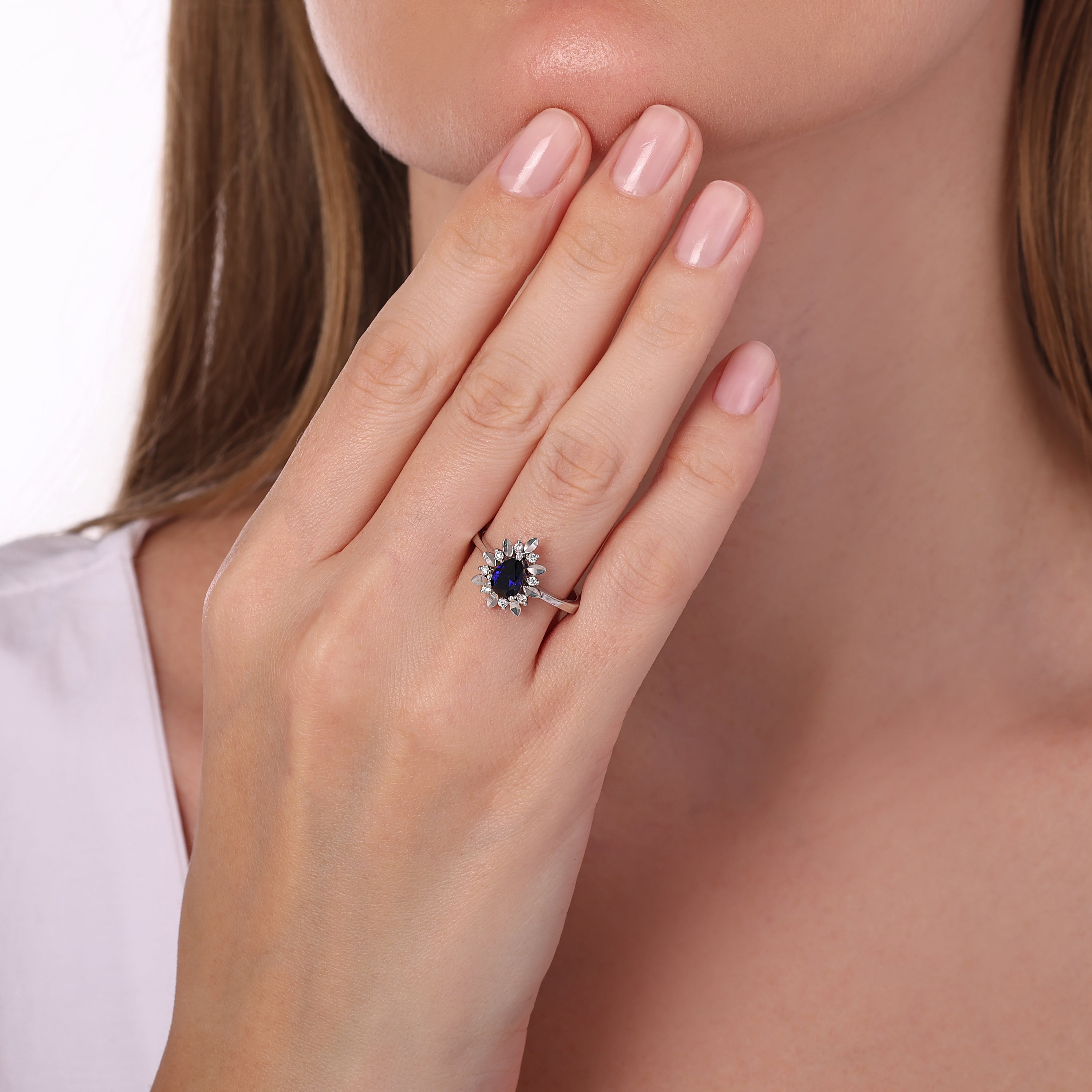 Pırlantalı 0.12 Ct. Damla Safir Fantezi Yüzük 14K