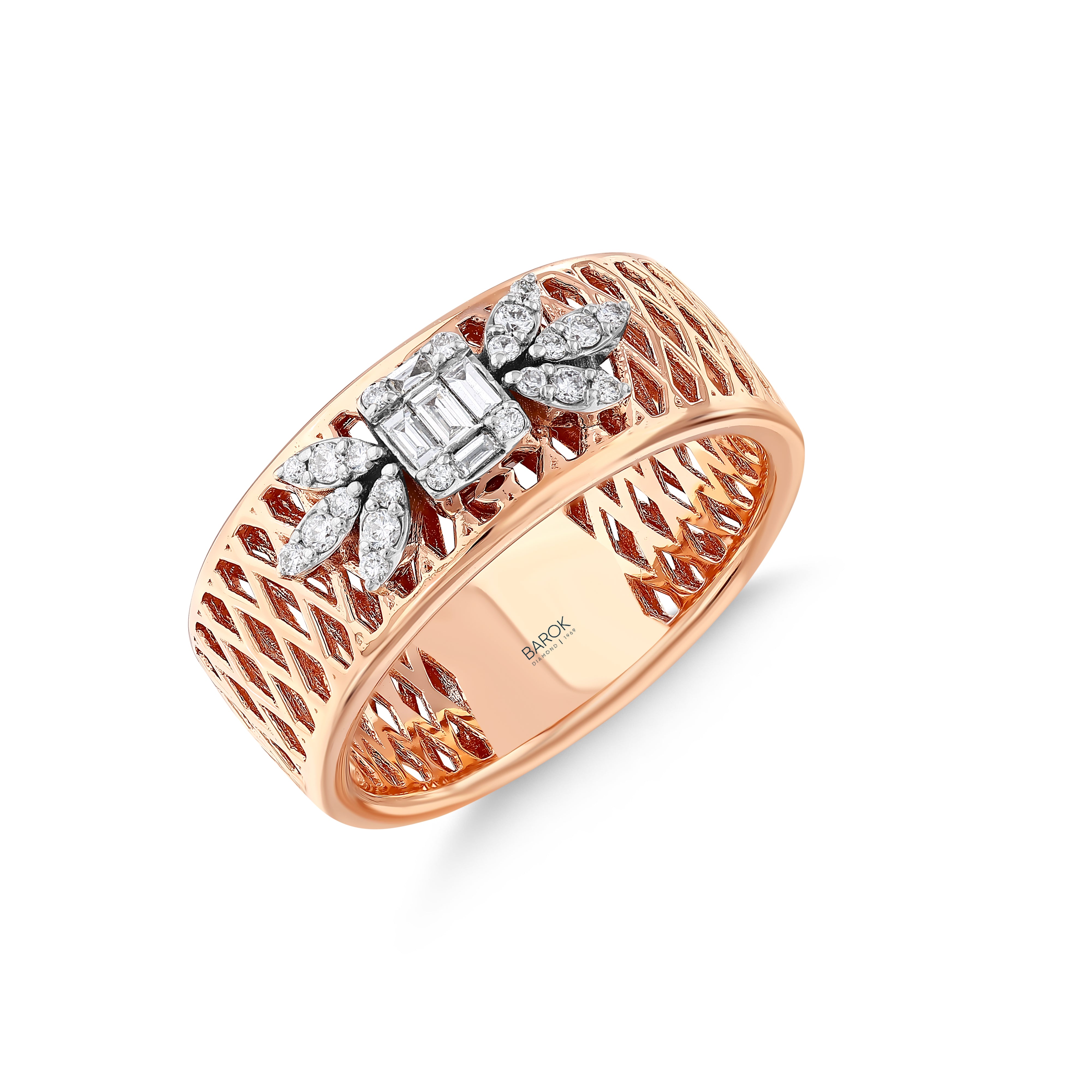 Baget Pırlantalı 0.21 Ct. Rose Fantezi Yüzük 18K
