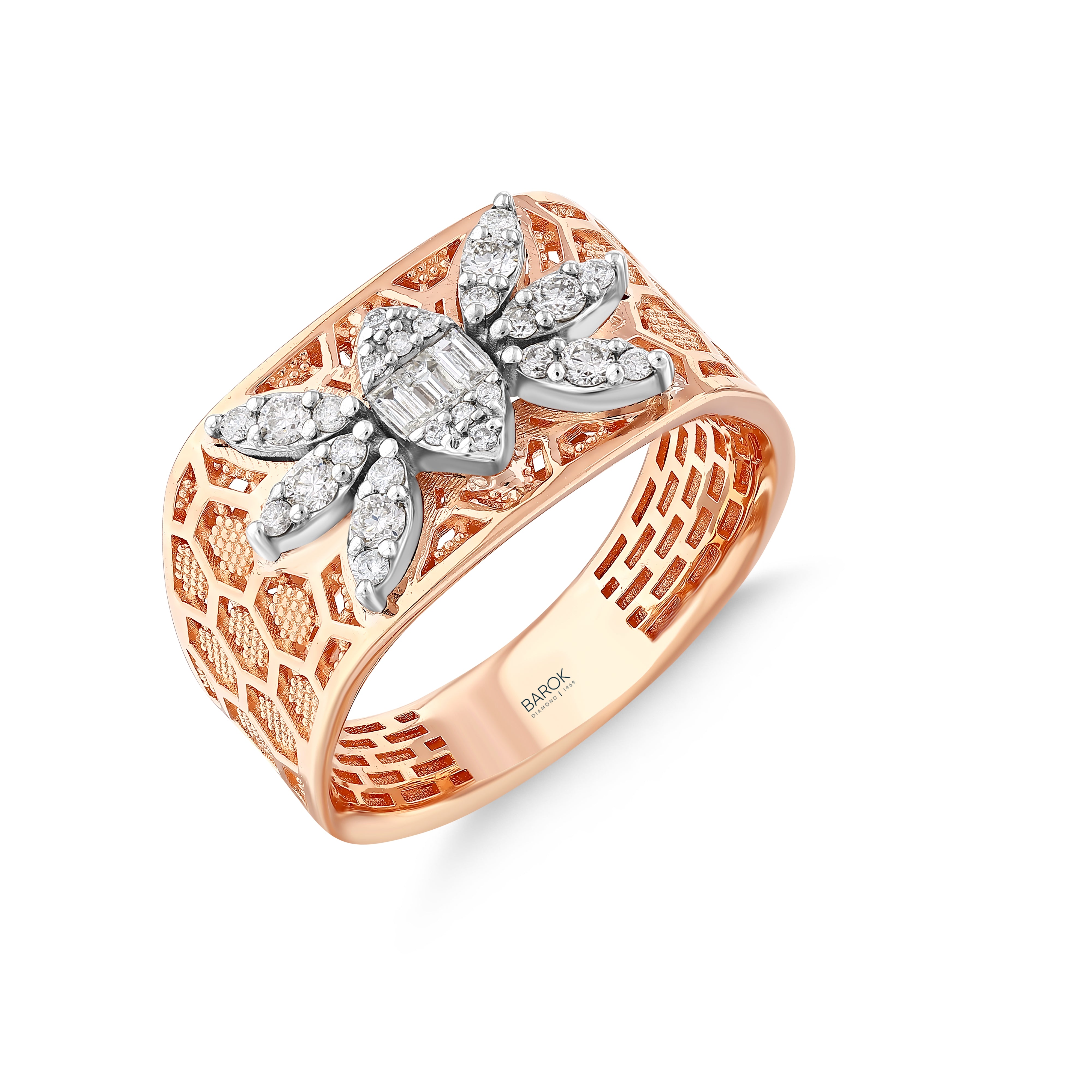 Baget Pırlantalı 0.34 Ct. Rose Fantezi Yüzük 14K