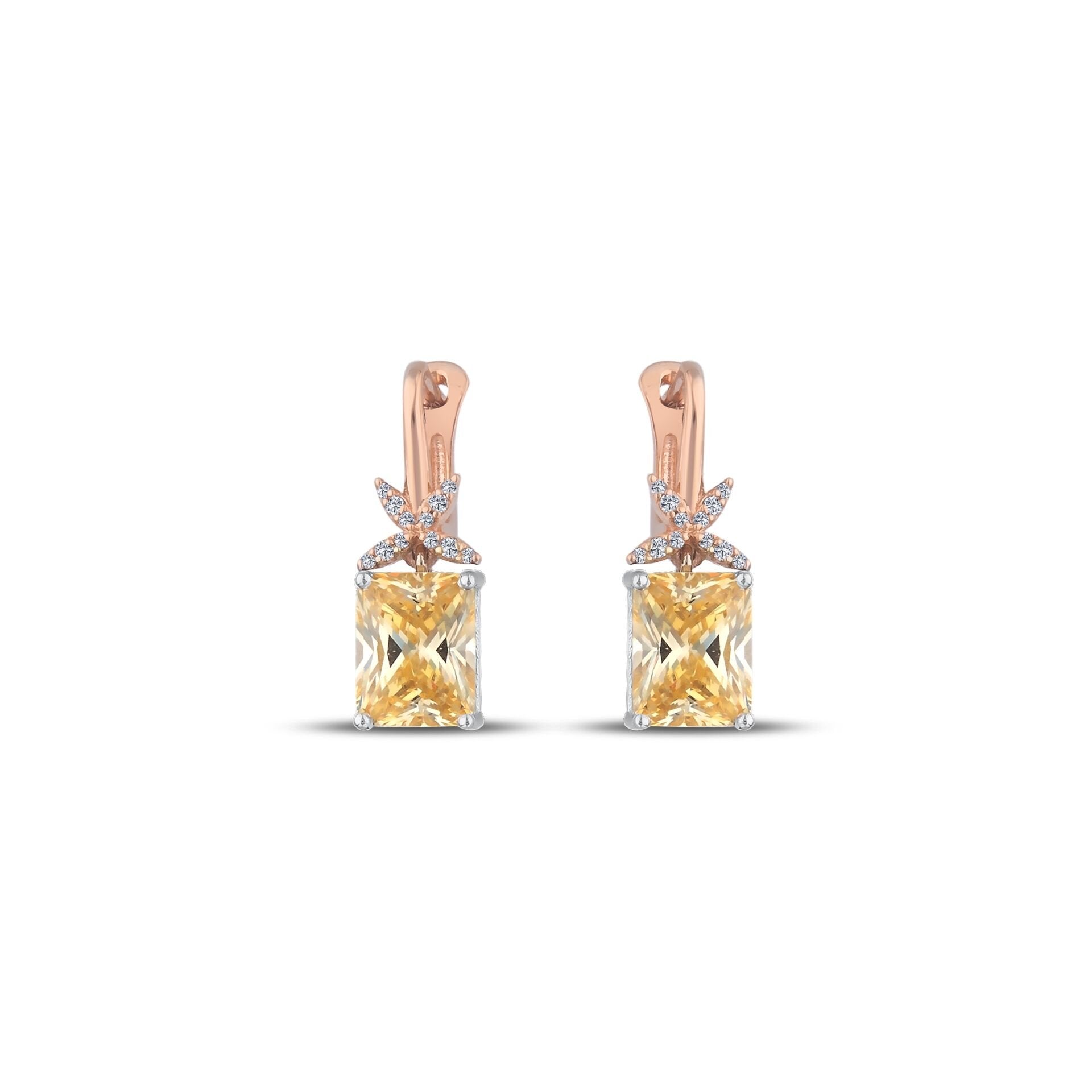 Pırlantalı Kare Citrine Taşlı Küpe 0.12 Ct. E VS