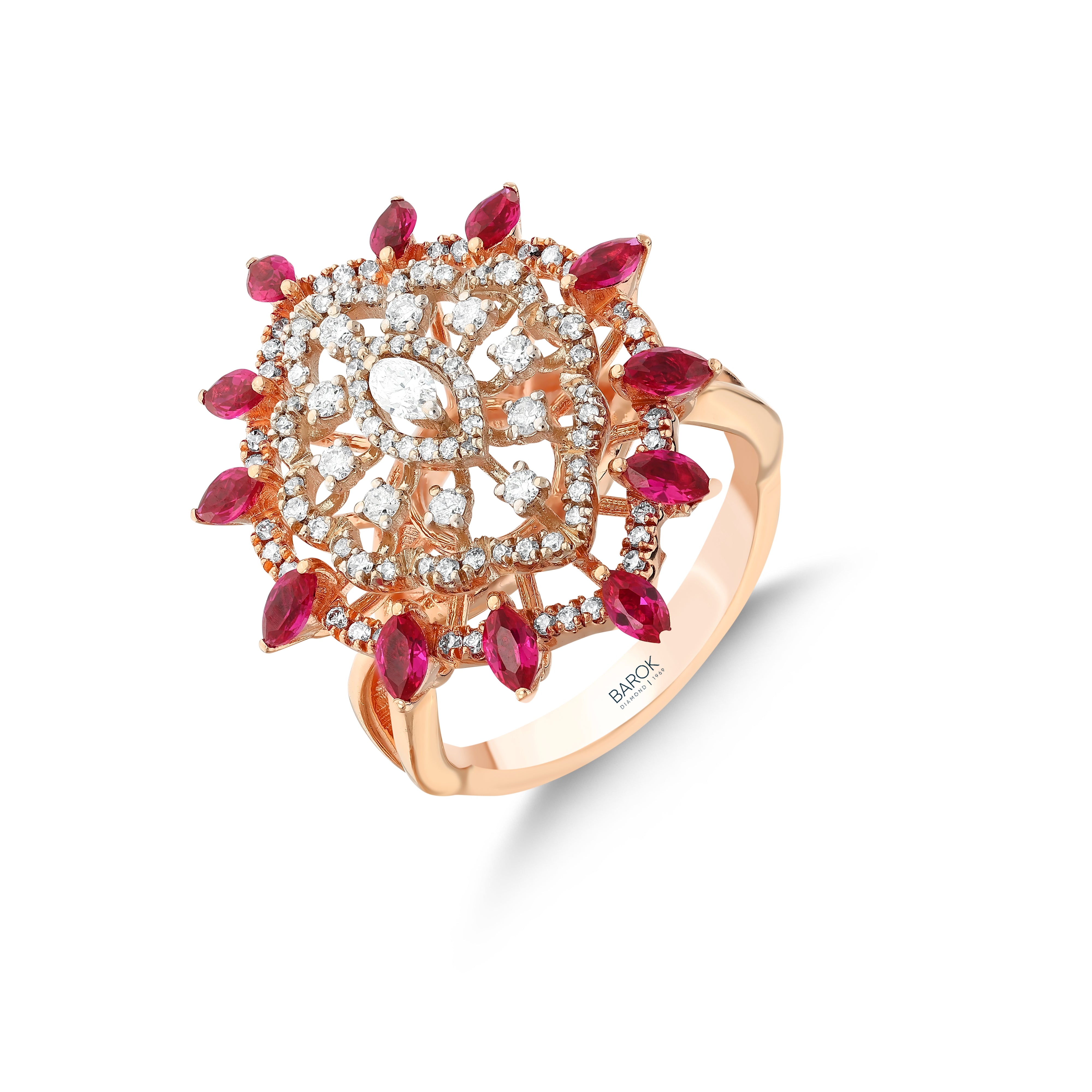 Markiz Yakut Pırlantalı 0.49 Ct. Pyronephele Rose Yüzük 18k