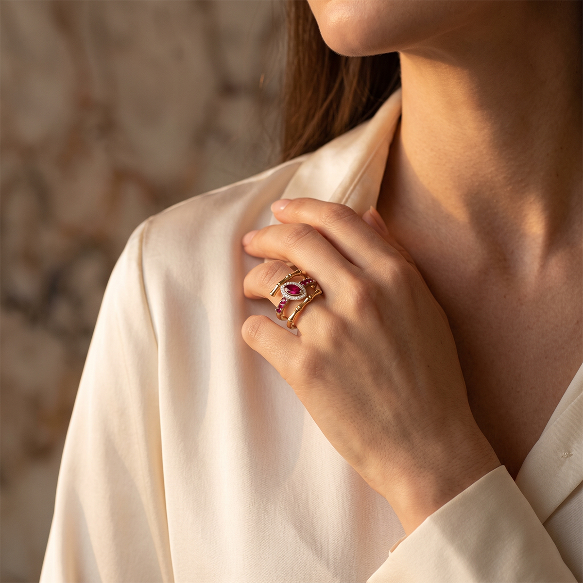Pırlantalı 0.11 Ct. Markiz Yakutlu Fantezi Yüzük 18K