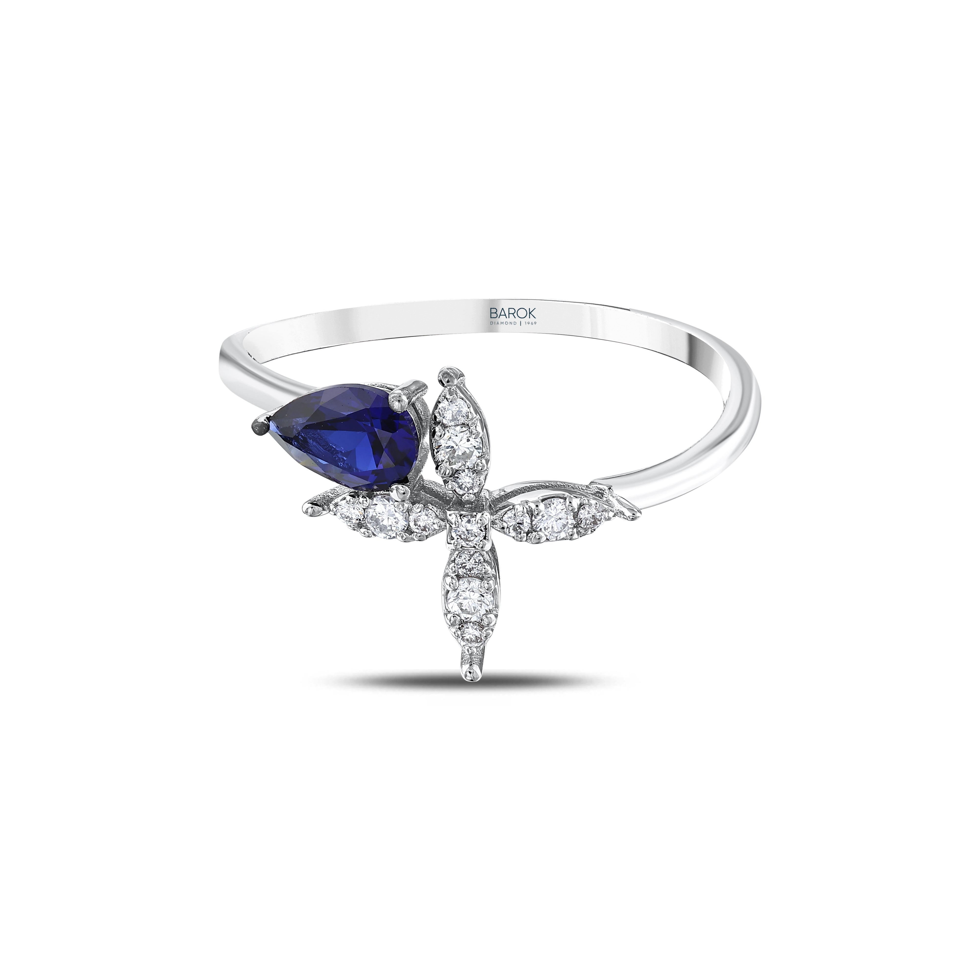 Pırlantalı 0.14 Ct. Damla Safir Yüzük 18K