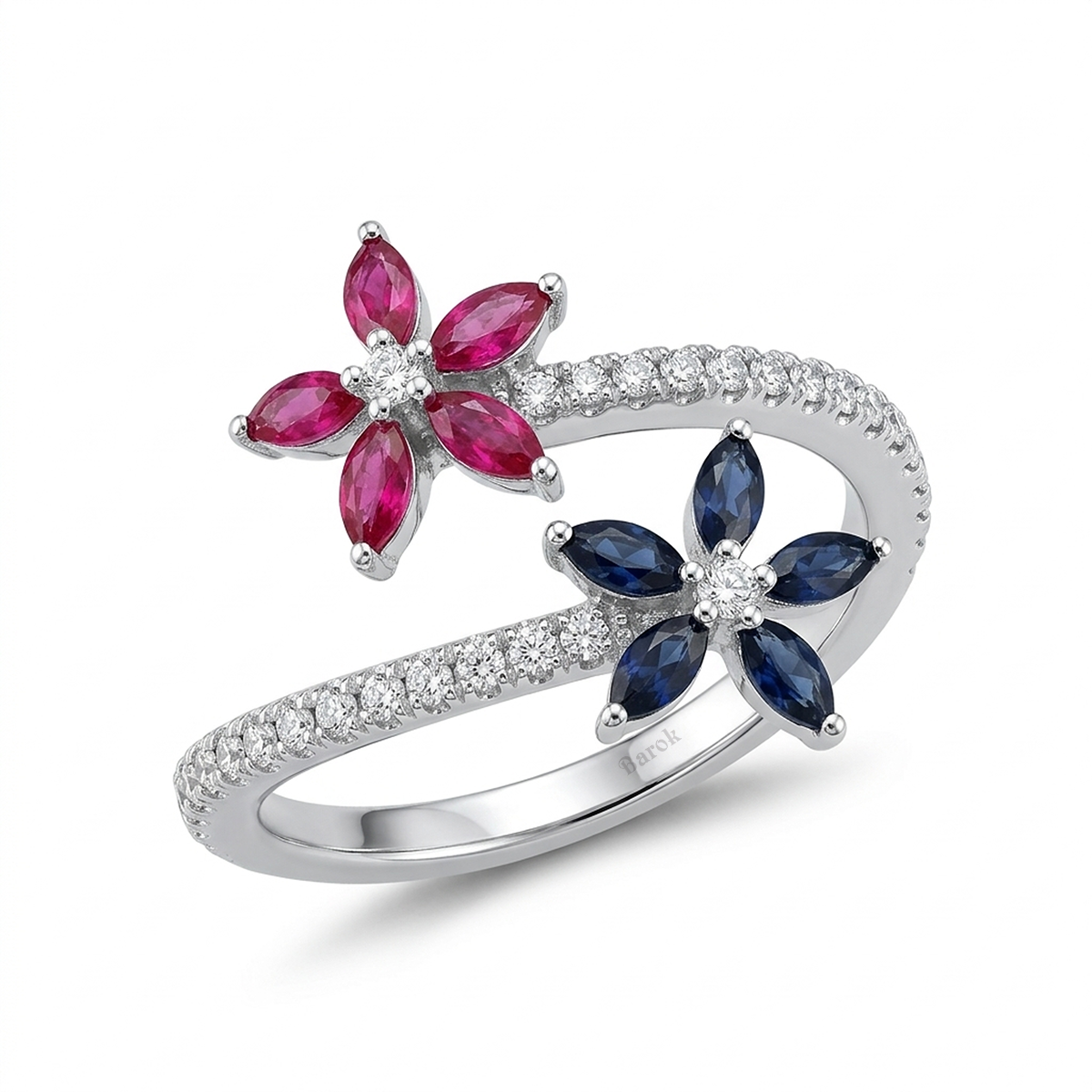 Pırlantalı 0.31 Ct. Safir Yakut Çicek Fantezi Yüzük 14K