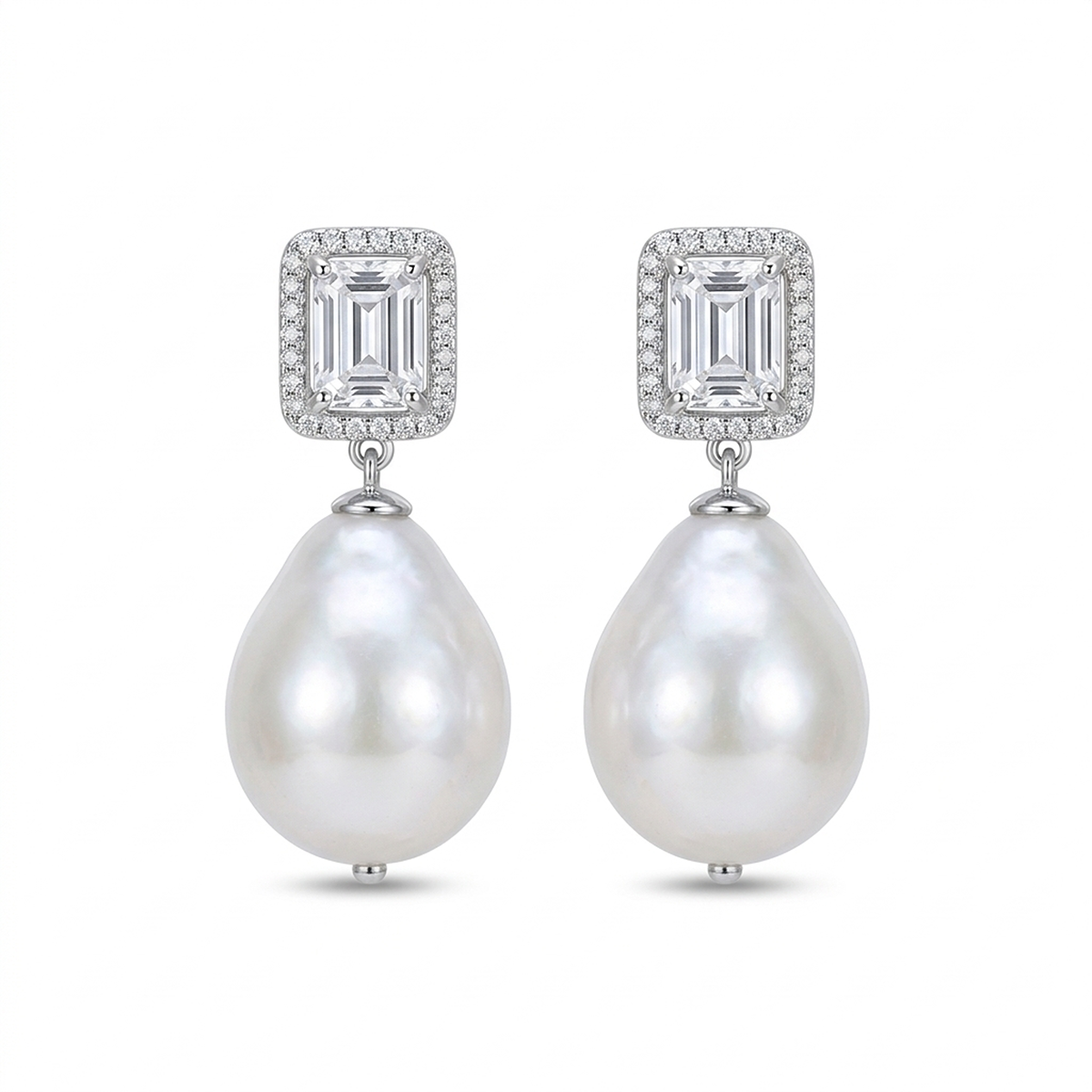 Pırlantalı Baget 0.55 Ct. Barok İnci Küpe 18K