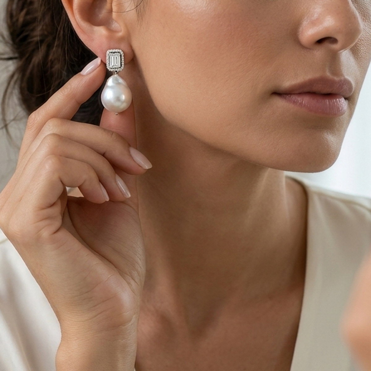 Pırlantalı Baget 0.55 Ct. Barok İnci Küpe 18K