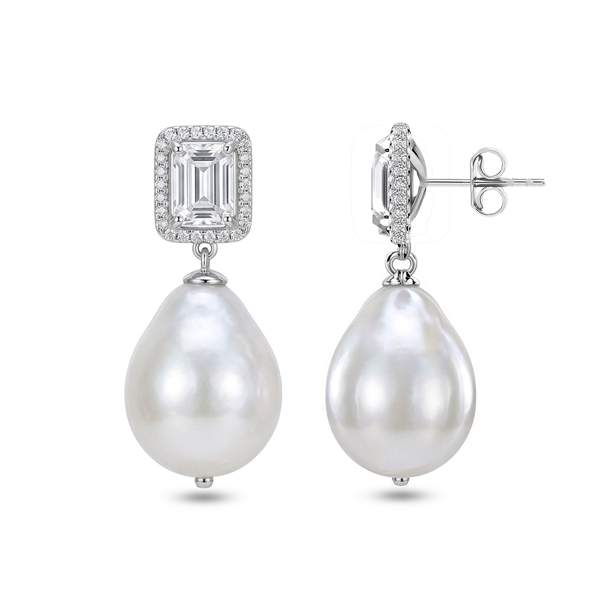 Pırlantalı Baget 0.55 Ct. Barok İnci Küpe 18K