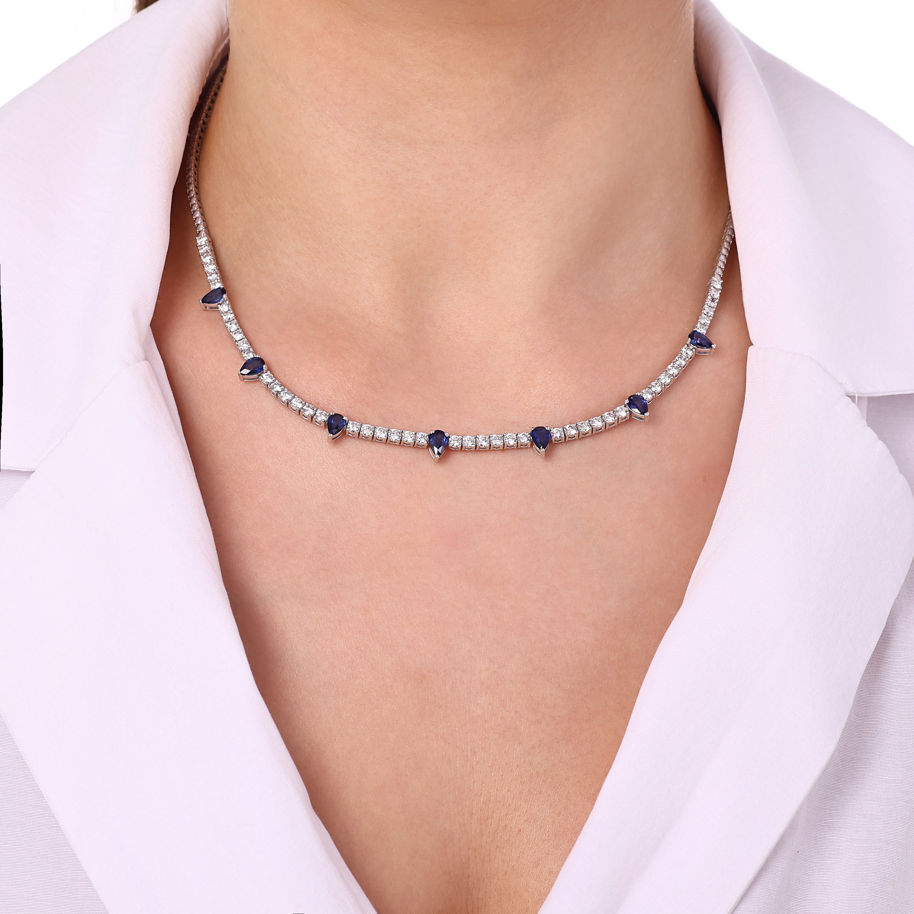 Pırlantalı Damla Safir Altın Gerdanlık 3.64 Ct. 18K