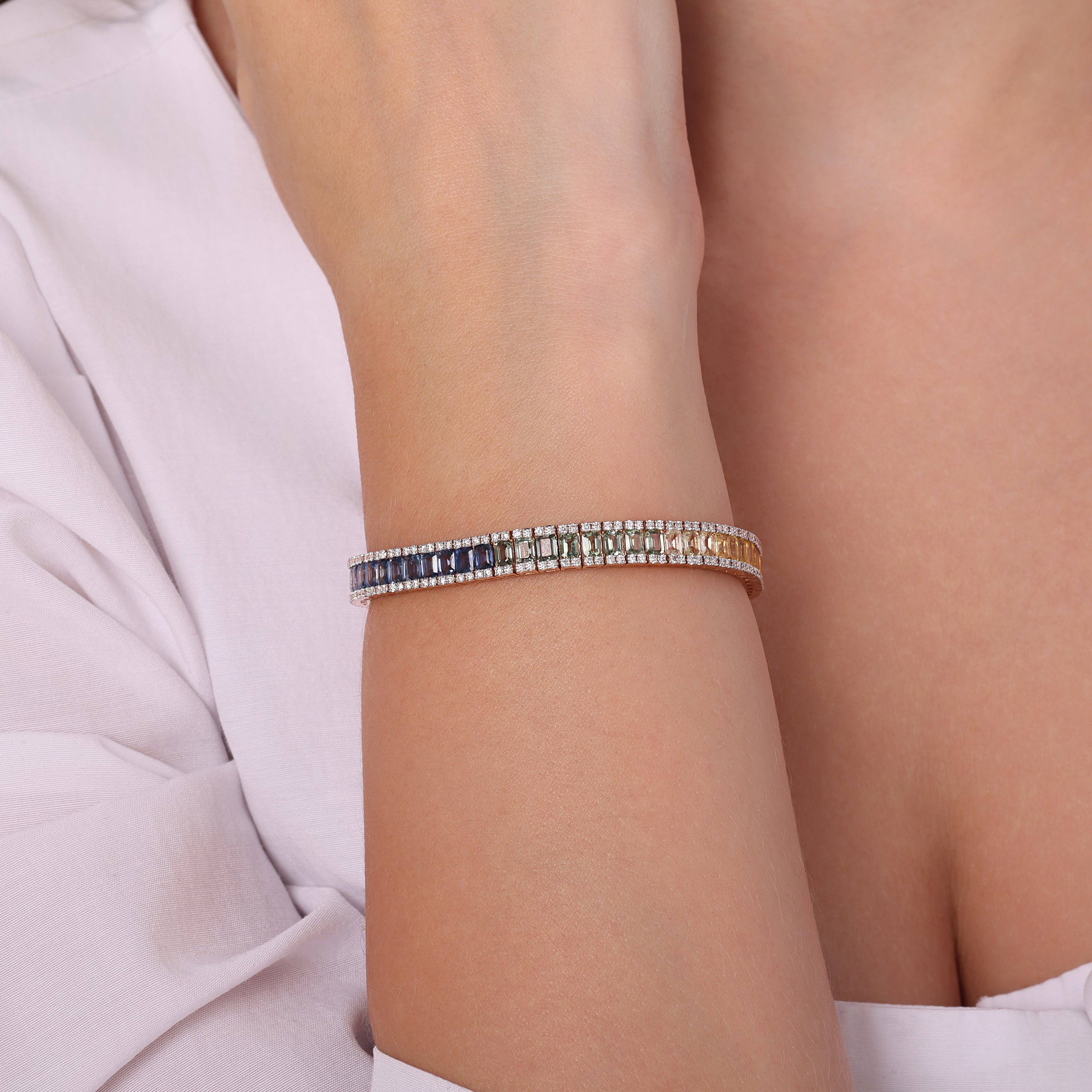 Pırlantalı Prenses Kesim Gökkuşağı 2,57 Ct. Rose Altın Bileklik 18K