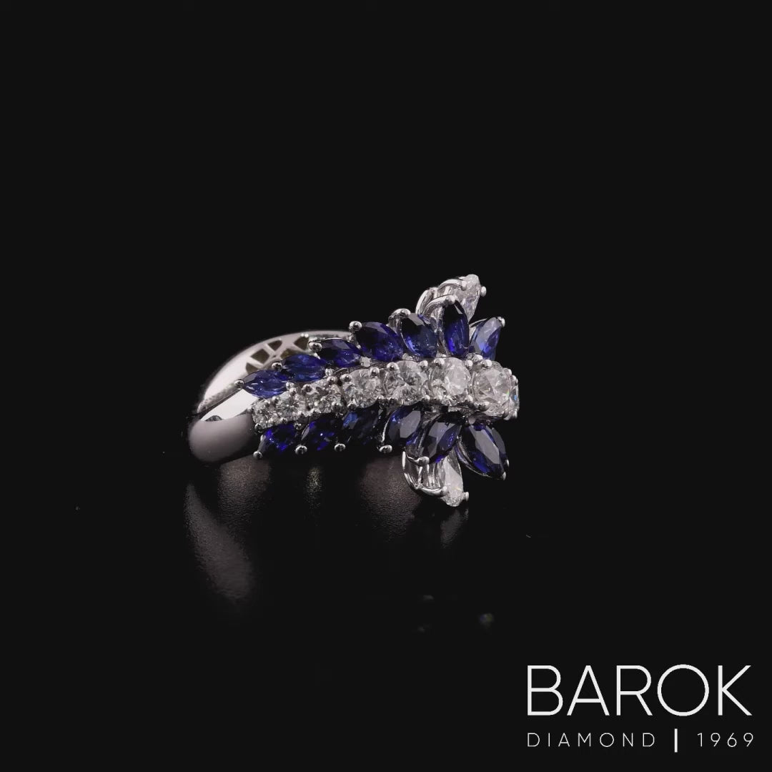 Markiz Kesim Safir 3,32 Ct. Fantezi Trend  Pırlanta Yüzük 1.72 Ct. E VS2 18K