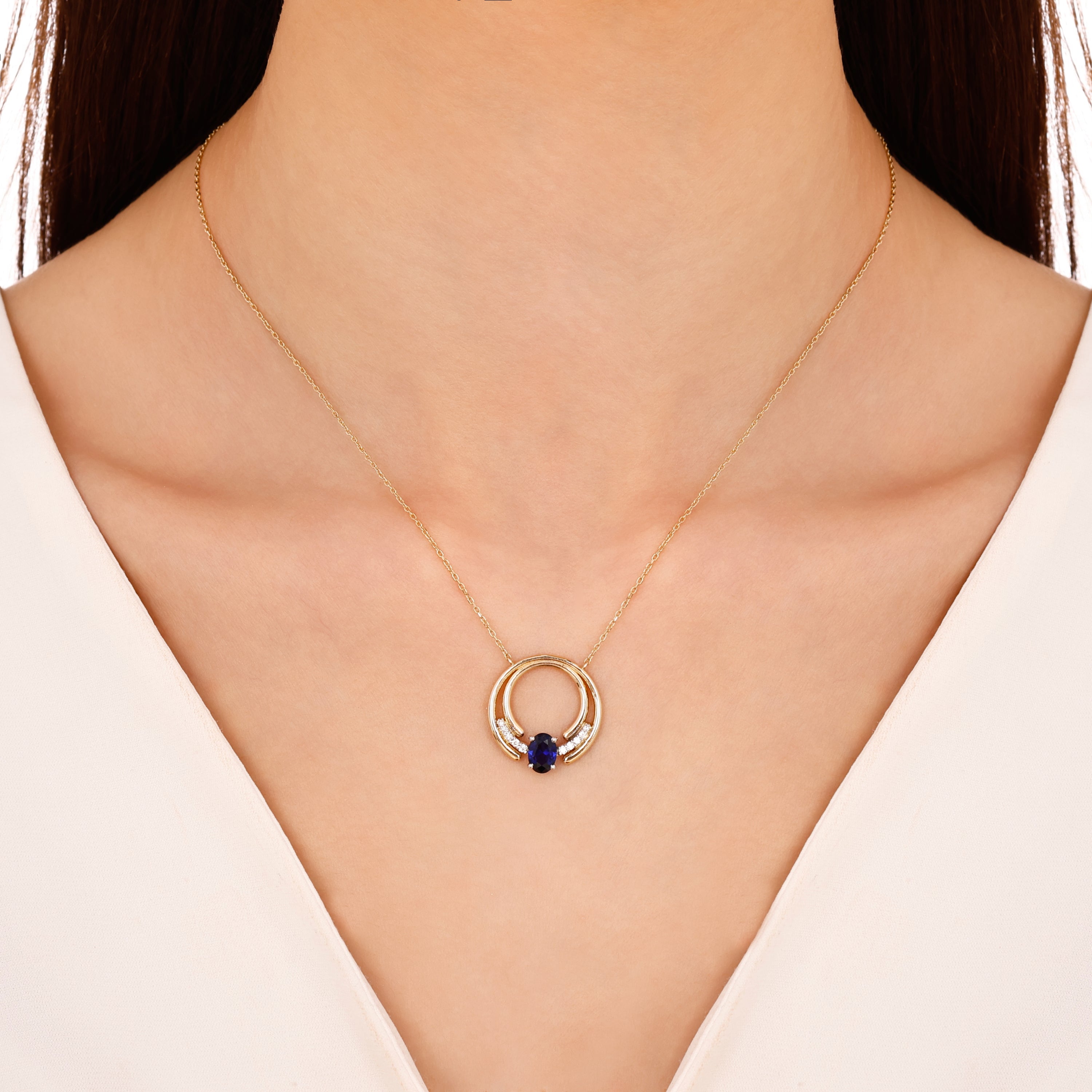 Safir Pırlantalı 0.10 Ct. Oval Briseia Altın Kolye 14K