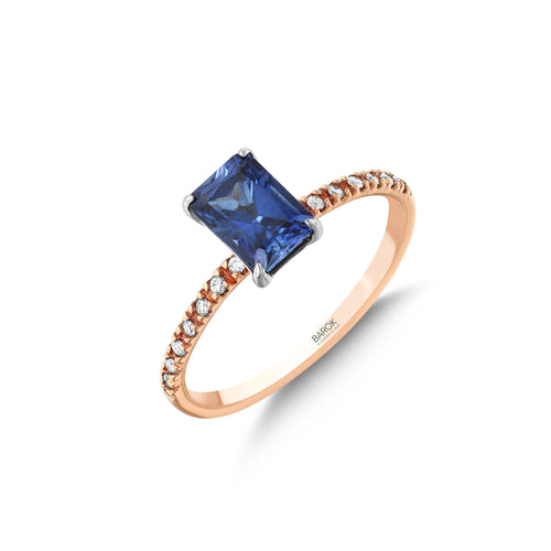 Safir Pırlantalı 0.10 Ct. Zümrüt Kesim Fantezi Rose Yüzük 14K