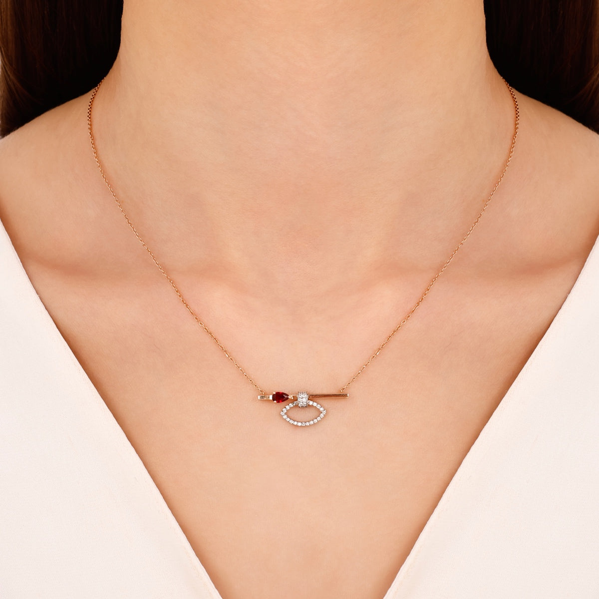 Yakut Pırlantalı 0.14 Ct. Damla Theoria Rose Kolye 14K
